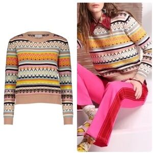 Minnie Rose - Cotton Geometric Striped Fair-Isle Crew Sweater Size Small